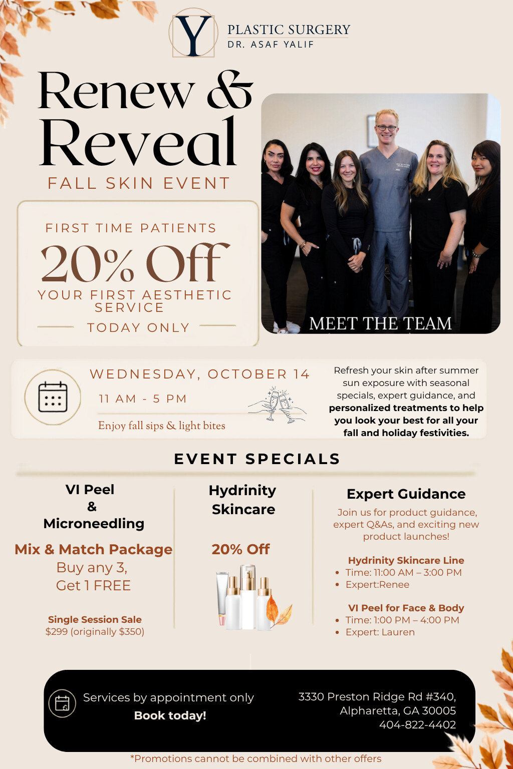 Renew & Reveal Fall Skin Event at Y Plastic Surgery, Wednesday, October 14, 2026, 11 AM–5 PM in Alpharetta. View event specials and RSVP.